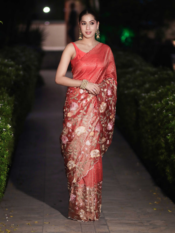 Banarasee Tissue Silk Saree With Zari Stripes & Resham Floral Embroidered Broad Border-Peachy Pink