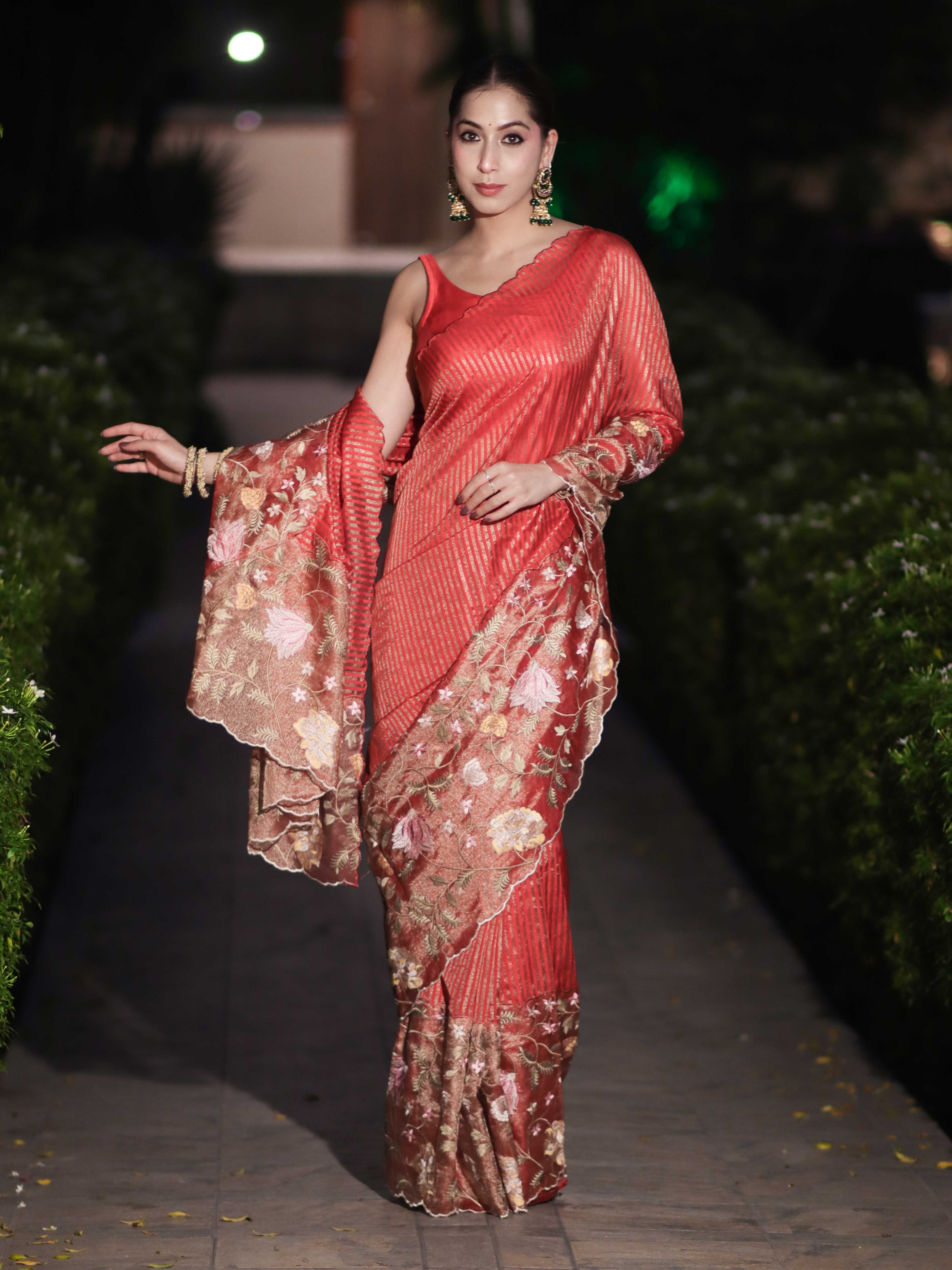 Banarasee Tissue Silk Saree With Zari Stripes & Resham Floral Embroidered Broad Border-Peachy Pink