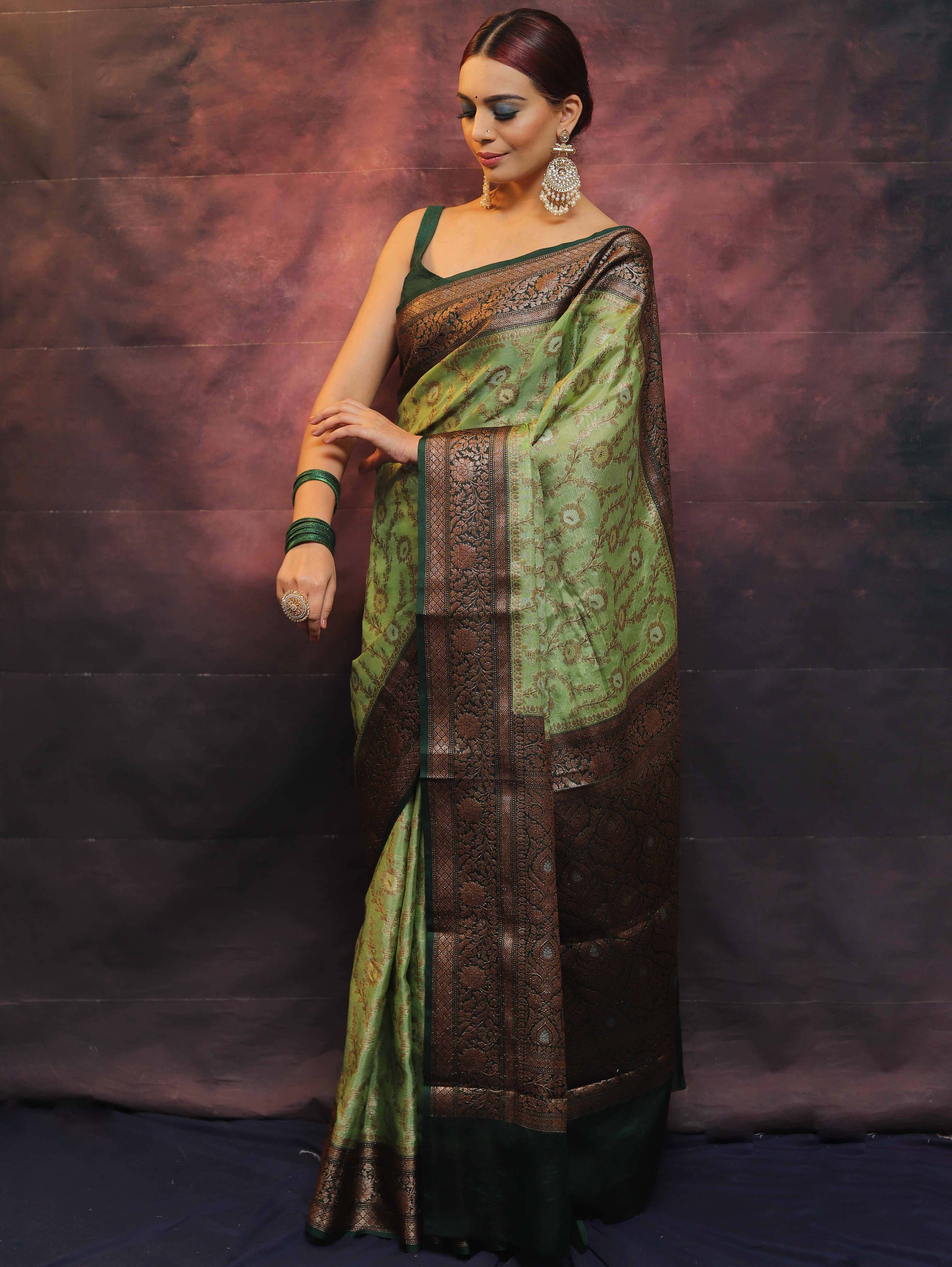 Banarasee Handwoven Semi Silk Saree With Zari Jaal & Contrast Border-Green