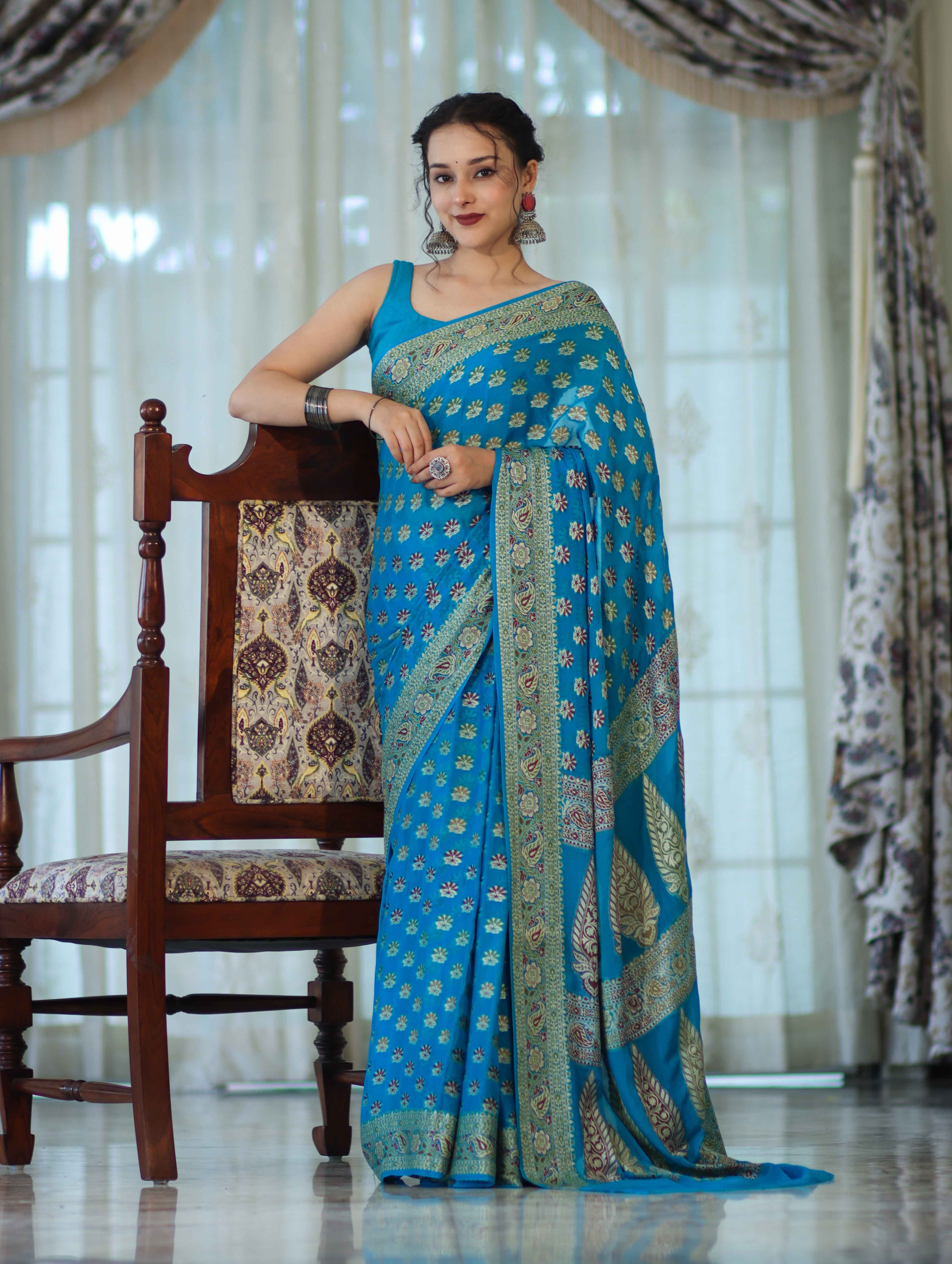 Banarasee Handloom Pure Chiffon Saree With Resham Work-Sky Blue