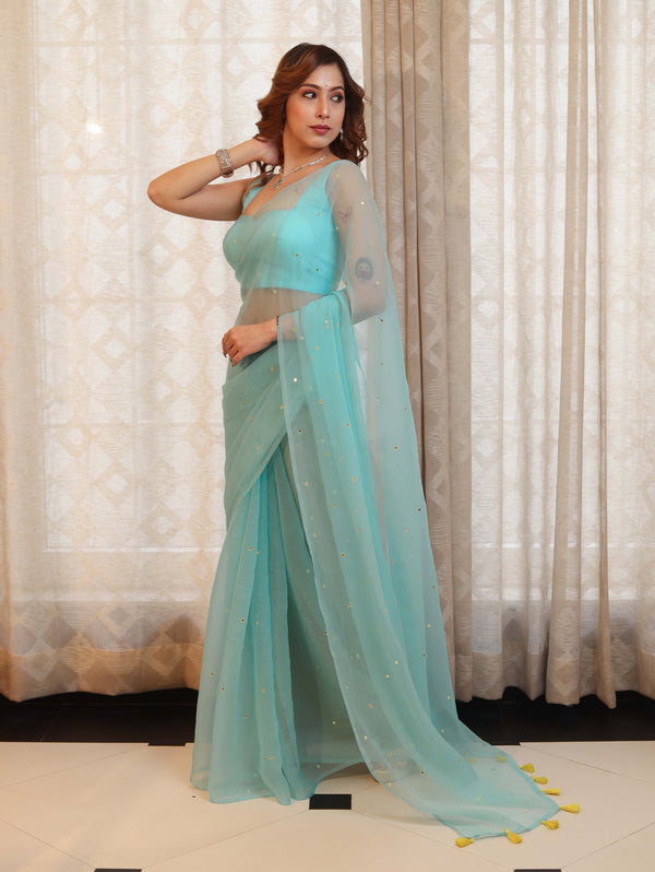 Banarasee Handwoven Semi Chiffon Saree With Mirror Work-Sky Blue
