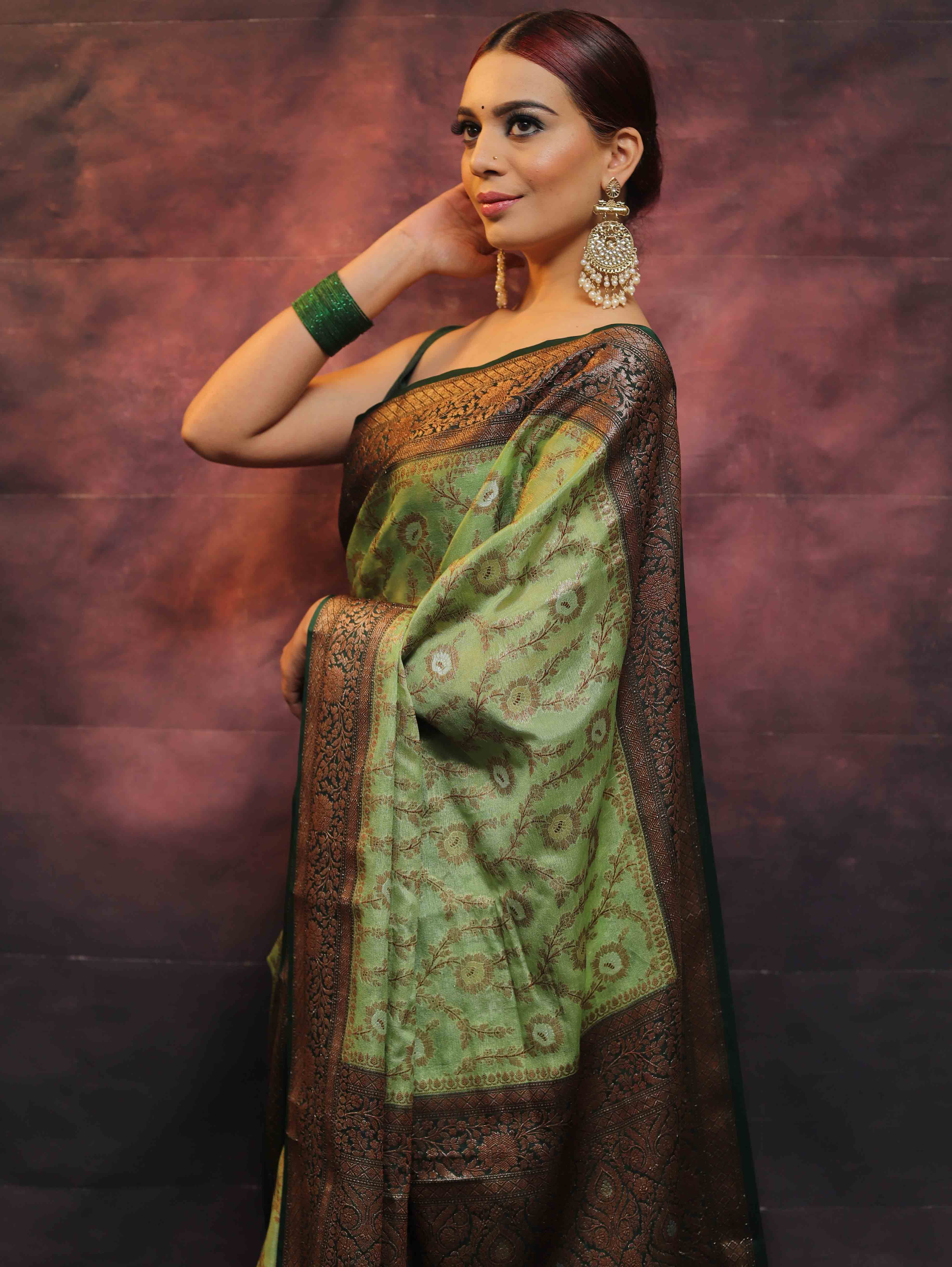 Banarasee Handwoven Semi Silk Saree With Zari Jaal & Contrast Border-Green