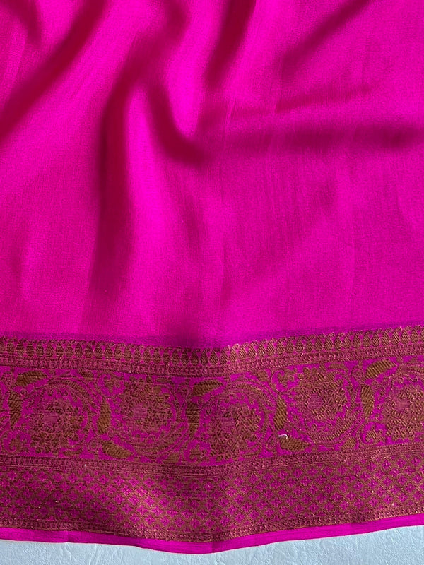 Banarasee Pure Chiffon Silk Saree With Antique Zari Work-Pink