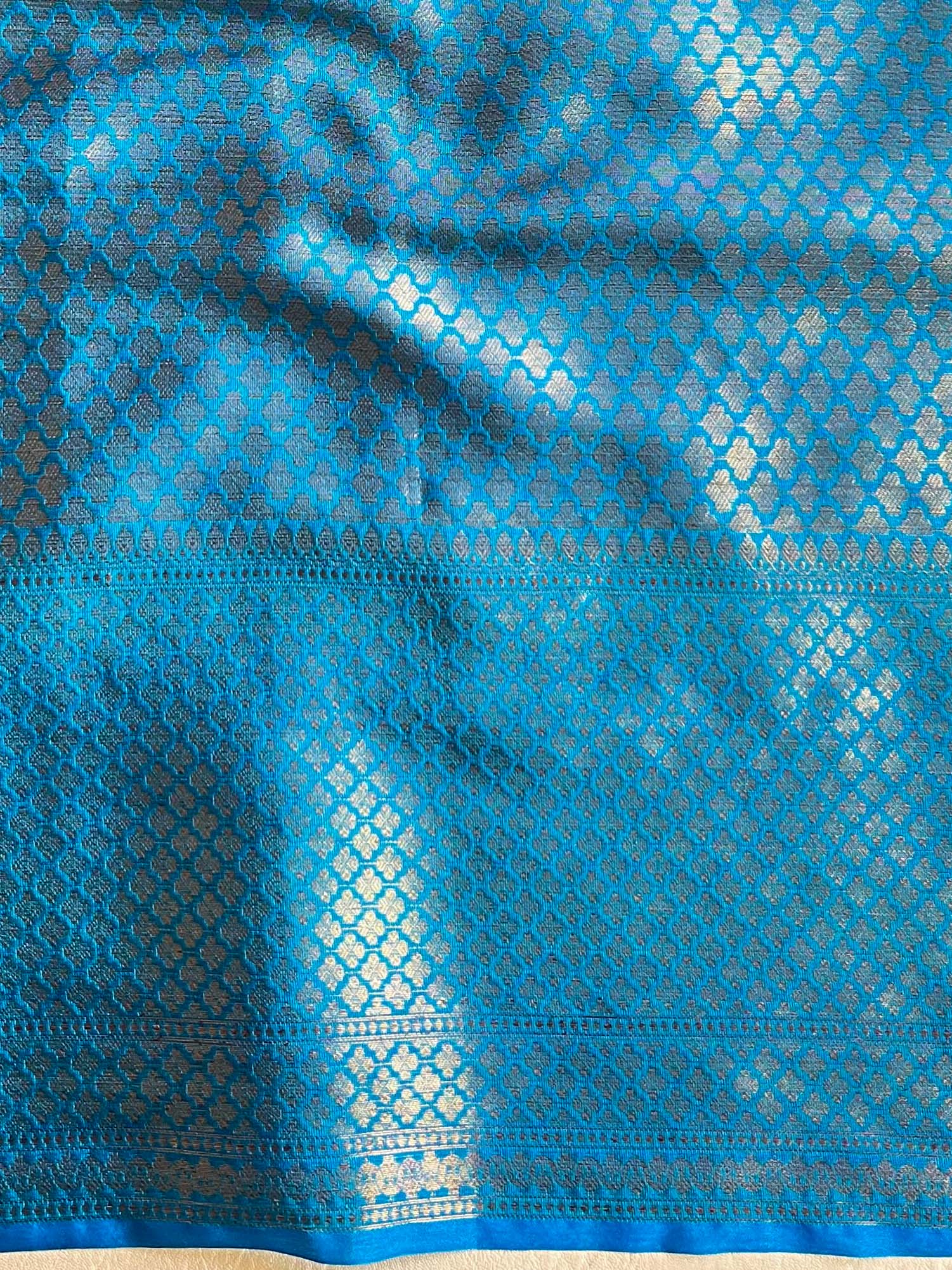 Banarasee Handwoven Semi Silk Saree With Broad Zari & Contrast Border-Pink & Blue