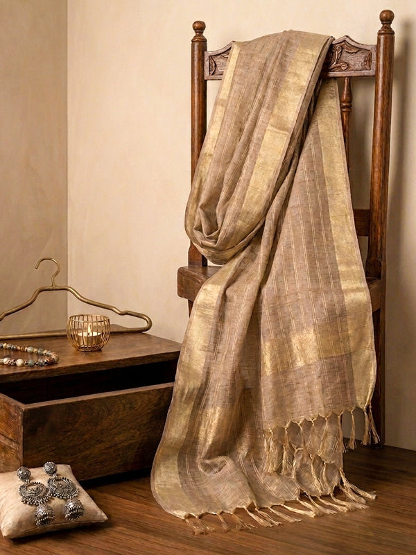 Banarasee Handloom Checks Pattern Tissue Dupatta-Gold