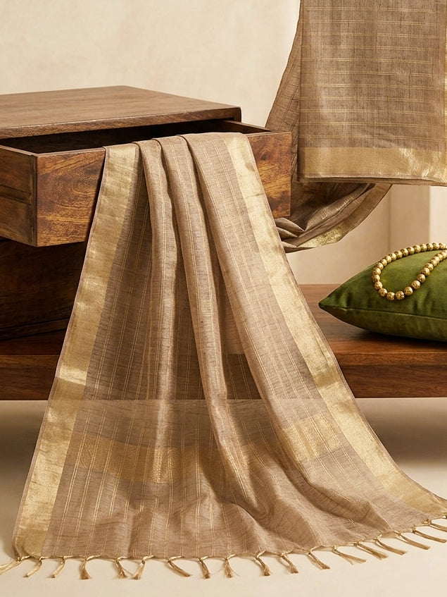 Banarasee Handloom Checks Pattern Tissue Dupatta-Gold
