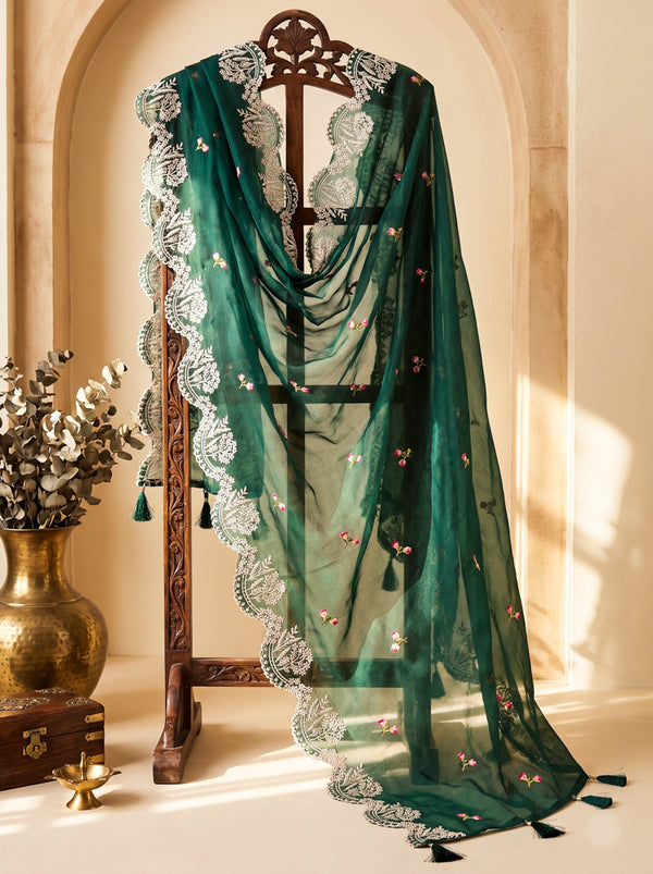 Banarasee Resham Embroidered Chanderi Salwar Kameez With Organza Dupatta Set-Green