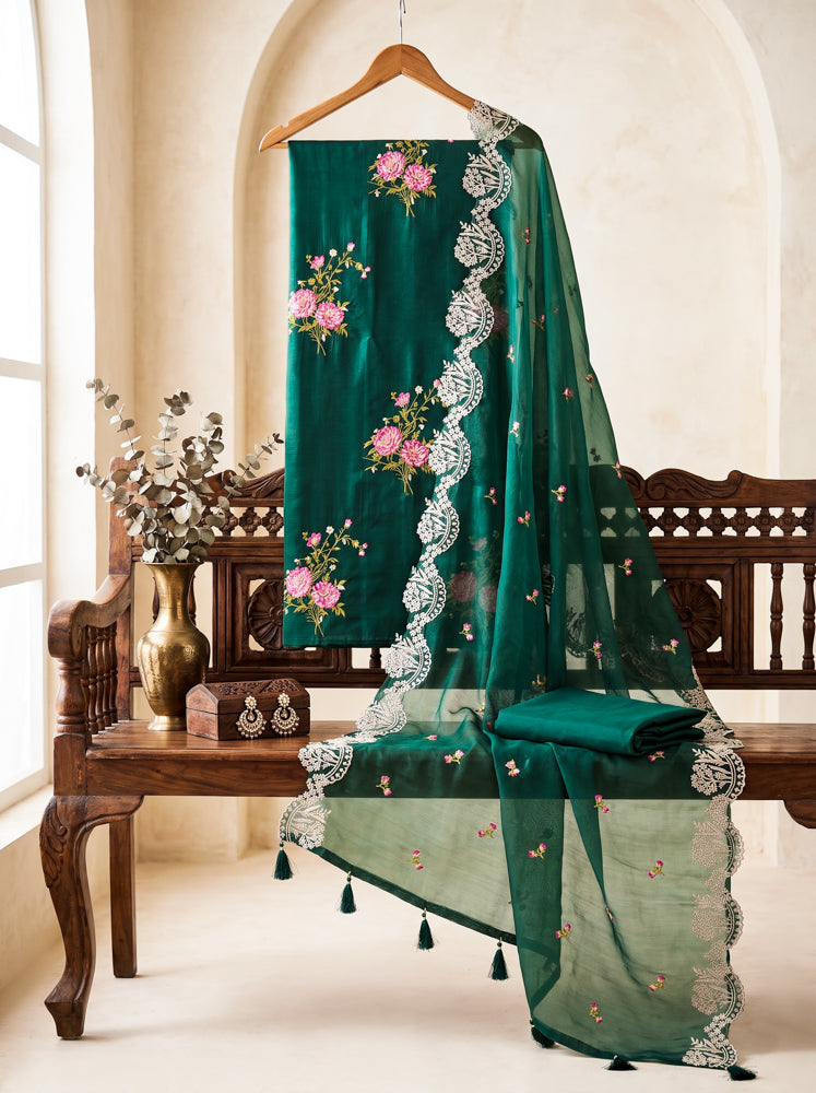 Banarasee Resham Embroidered Chanderi Salwar Kameez With Organza Dupatta Set-Green