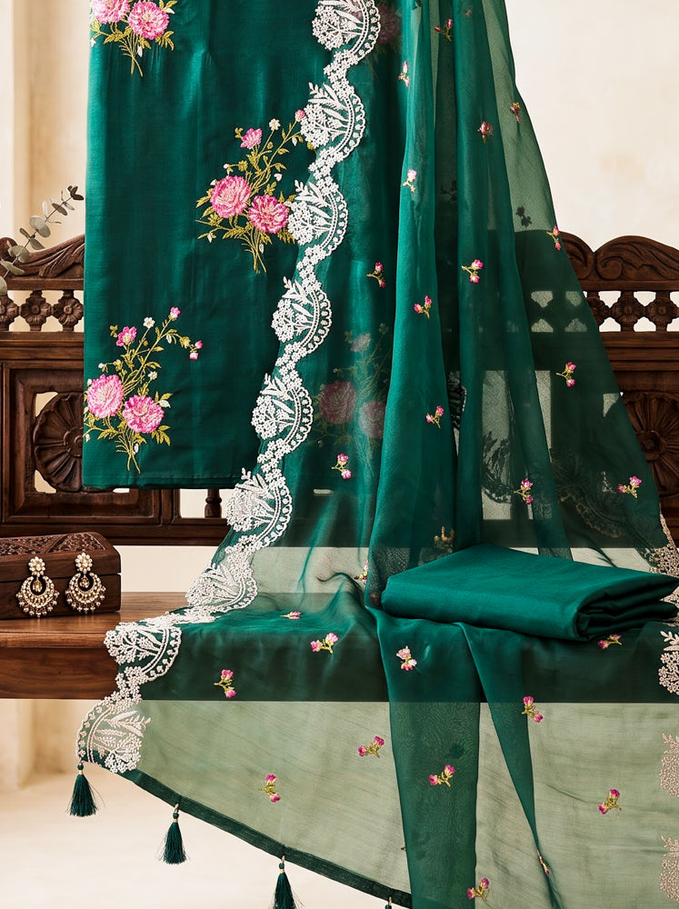 Banarasee Resham Embroidered Chanderi Salwar Kameez With Organza Dupatta Set-Green