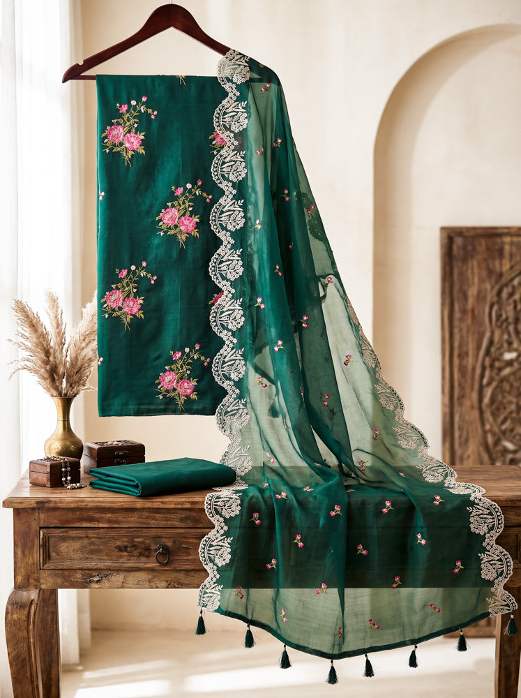 Banarasee Resham Embroidered Chanderi Salwar Kameez With Organza Dupatta Set-Green