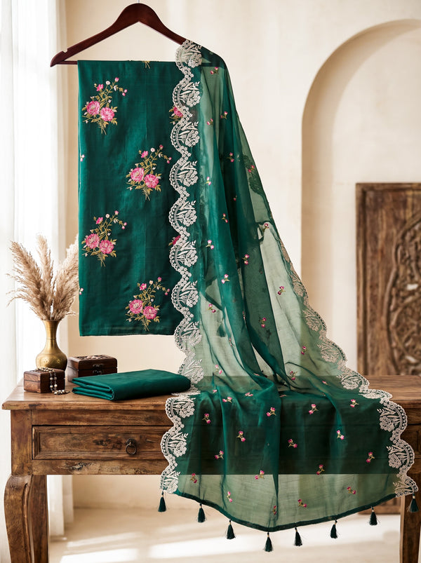 Banarasee Resham Embroidered Chanderi Salwar Kameez With Organza Dupatta Set-Green