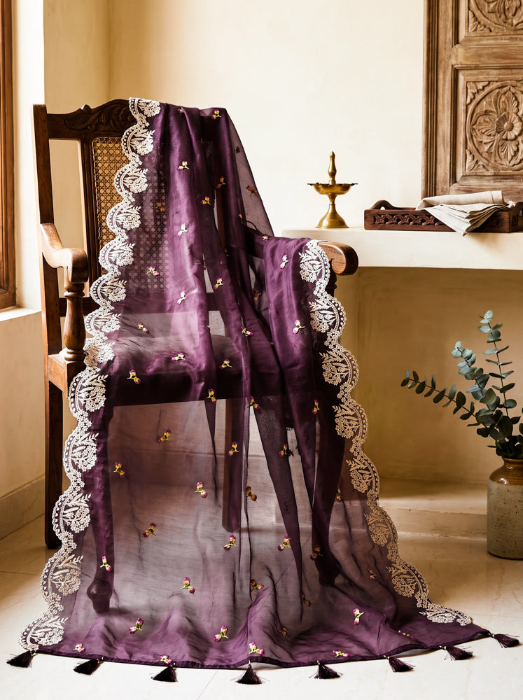 Banarasee Resham Embroidered Chanderi Salwar Kameez With Organza Dupatta Set-Wine