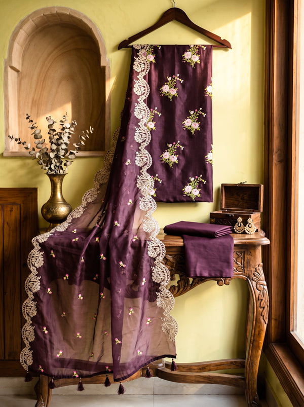 Banarasee Resham Embroidered Chanderi Salwar Kameez With Organza Dupatta Set-Wine