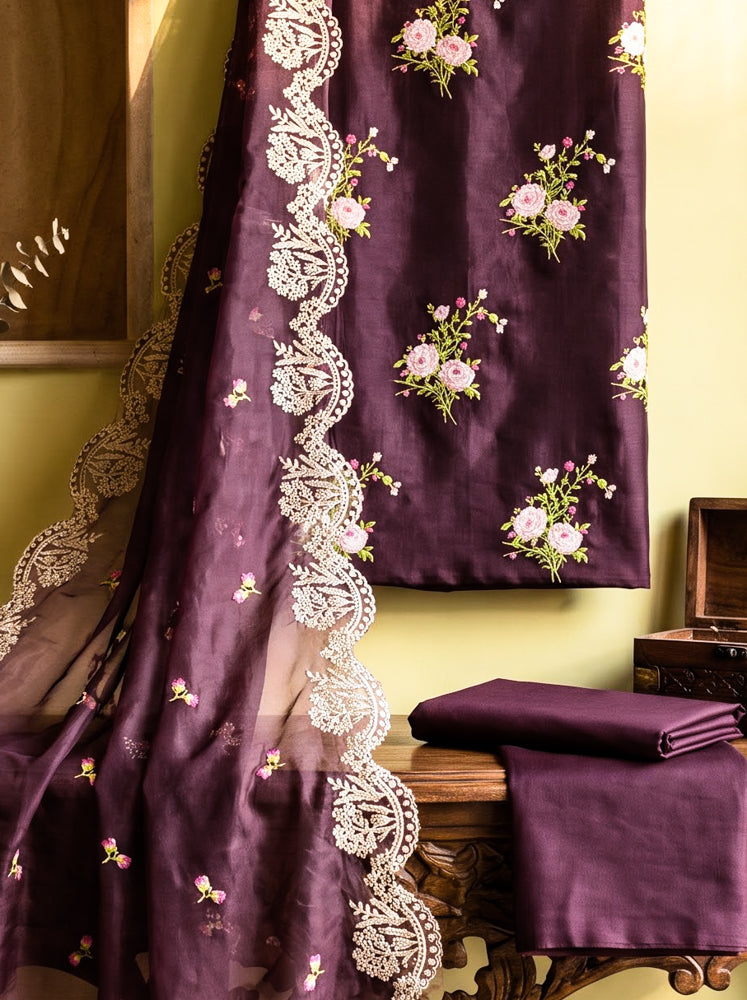 Banarasee Resham Embroidered Chanderi Salwar Kameez With Organza Dupatta Set-Wine