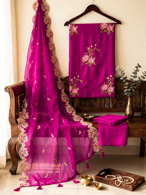 Banarasee Resham Embroidered Chanderi Salwar Kameez With Organza Dupatta Set-Magenta