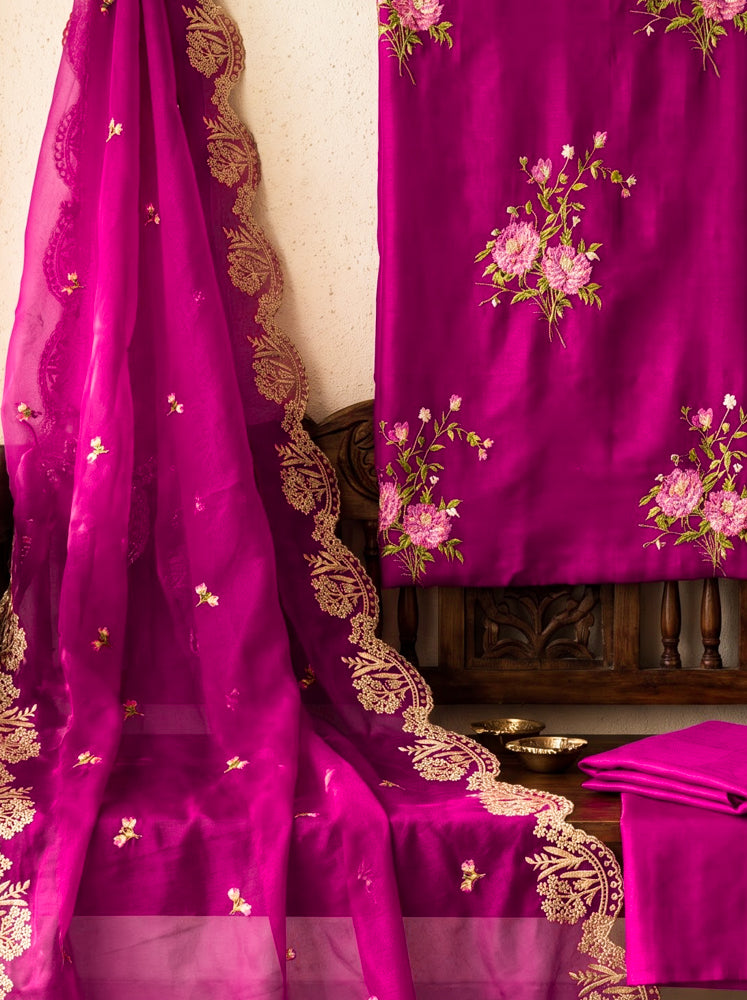 Banarasee Resham Embroidered Chanderi Salwar Kameez With Organza Dupatta Set-Magenta