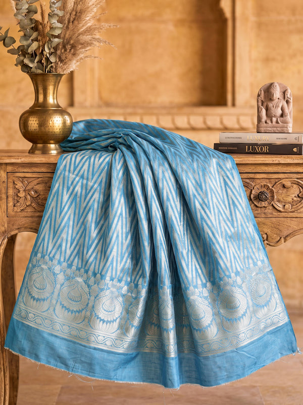 Banarasee Cotton Silk Zari Work Salwar Kameez Fabric With Dupatta Set-Light Blue