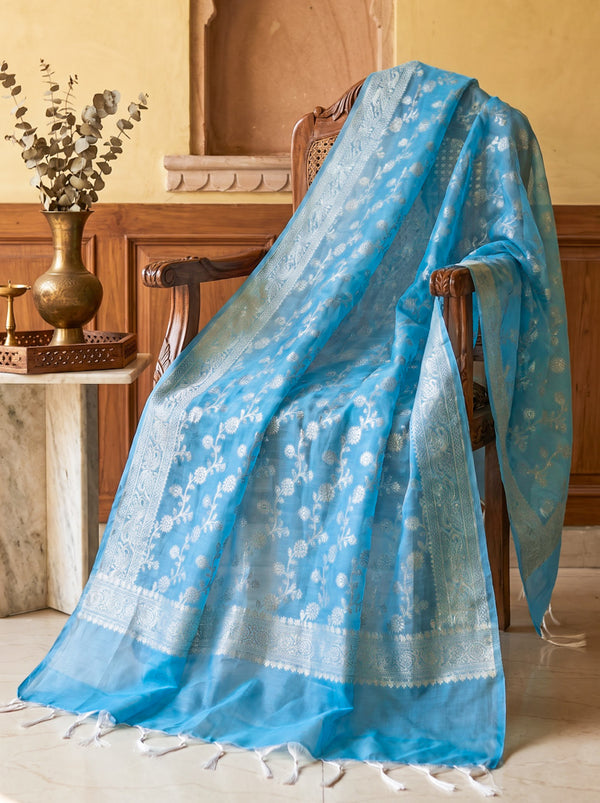 Banarasee Cotton Silk Zari Work Salwar Kameez Fabric With Dupatta Set-Light Blue