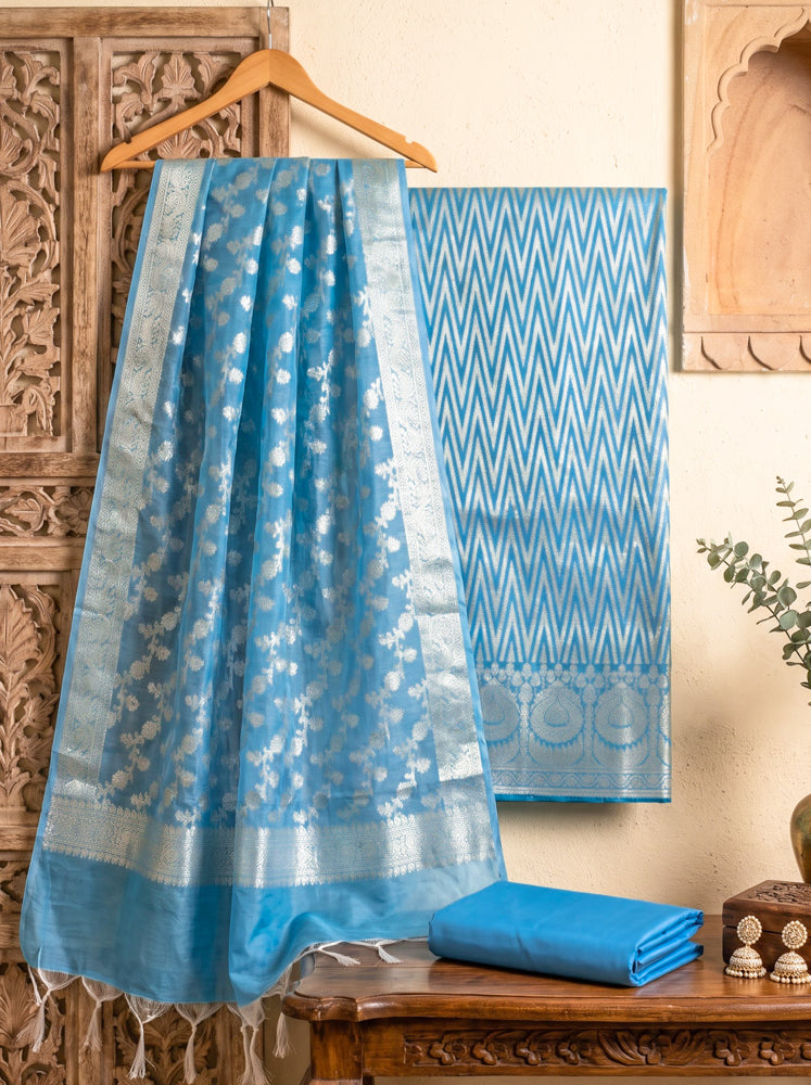 Banarasee Cotton Silk Zari Work Salwar Kameez Fabric With Dupatta Set-Light Blue