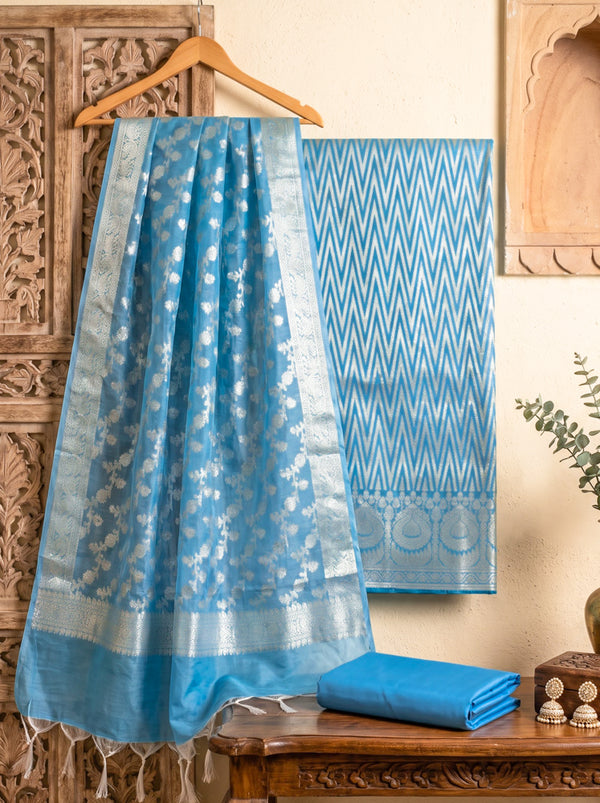 Banarasee Cotton Silk Zari Work Salwar Kameez Fabric With Dupatta Set-Light Blue
