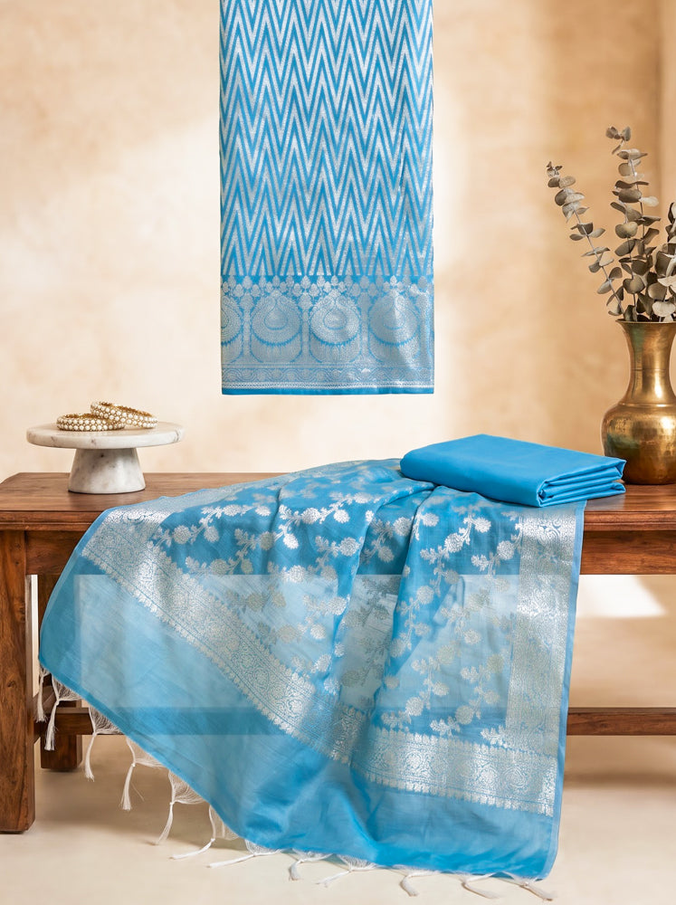 Banarasee Cotton Silk Zari Work Salwar Kameez Fabric With Dupatta Set-Light Blue