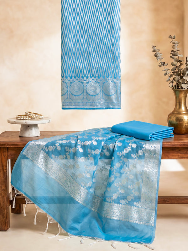 Banarasee Cotton Silk Zari Work Salwar Kameez Fabric With Dupatta Set-Light Blue