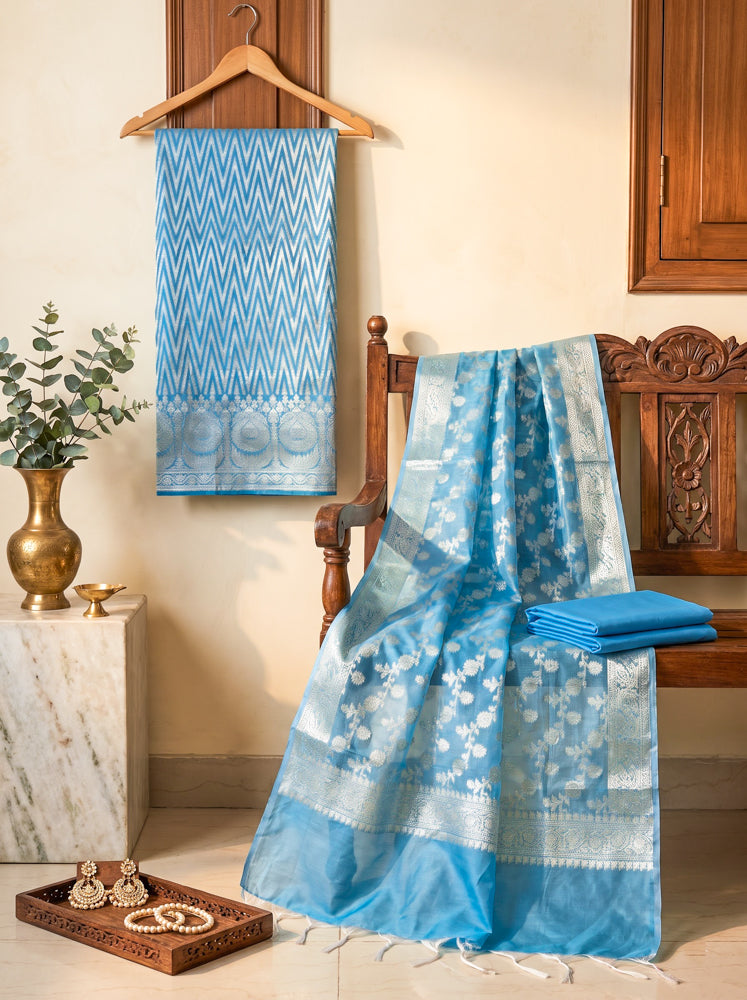 Banarasee Cotton Silk Zari Work Salwar Kameez Fabric With Dupatta Set-Light Blue
