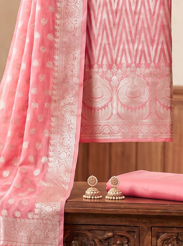 Banarasee Cotton Silk Zari Work Salwar Kameez Fabric With Dupatta Set-Peach