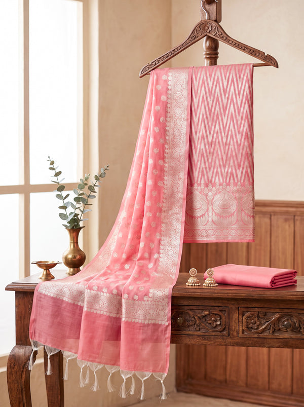 Banarasee Cotton Silk Zari Work Salwar Kameez Fabric With Dupatta Set-Peach