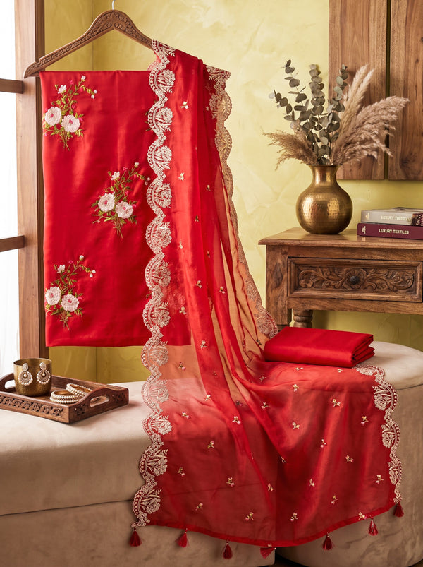 Banarasee Resham Embroidered Chanderi Salwar Kameez With Organza Dupatta Set-Red