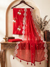Banarasee Resham Embroidered Chanderi Salwar Kameez With Organza Dupatta Set-Red