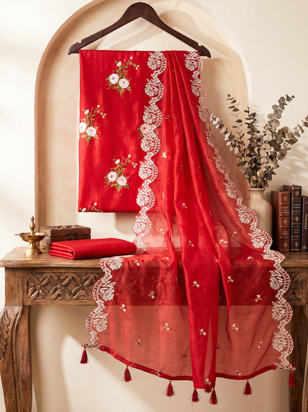 Banarasee Resham Embroidered Chanderi Salwar Kameez With Organza Dupatta Set-Red
