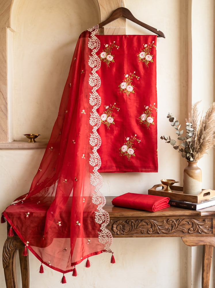 Banarasee Resham Embroidered Chanderi Salwar Kameez With Organza Dupatta Set-Red