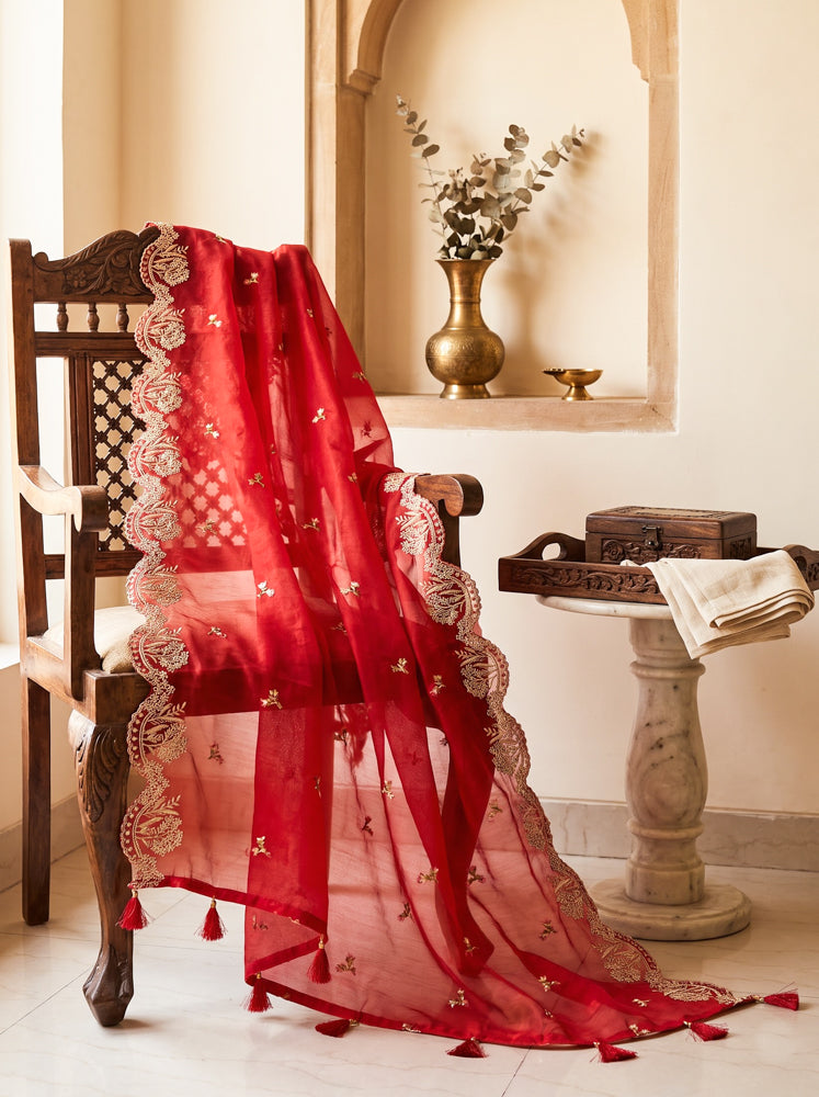 Banarasee Resham Embroidered Chanderi Salwar Kameez With Organza Dupatta Set-Red