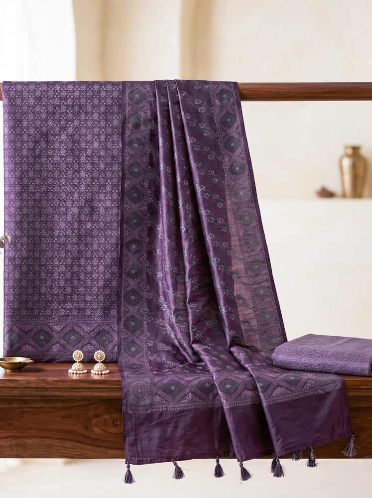 Banarasee Semi-Silk Resham Weaving Salwar Kameez Fabric With Dupatta Set-Purple