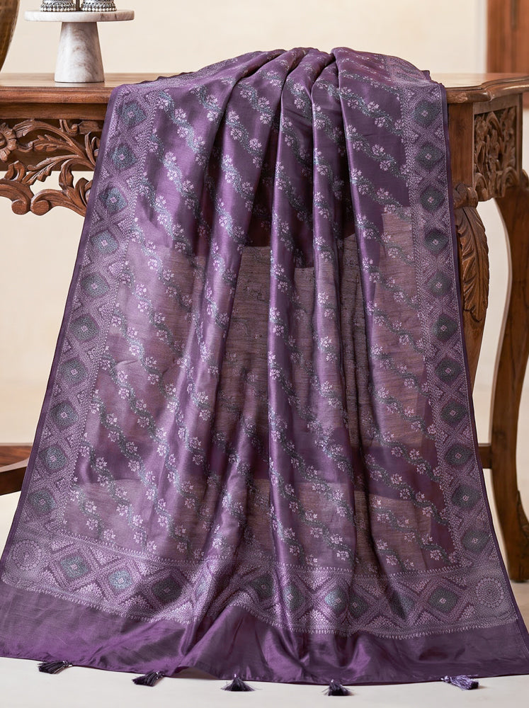 Banarasee Semi-Silk Resham Weaving Salwar Kameez Fabric With Dupatta Set-Purple