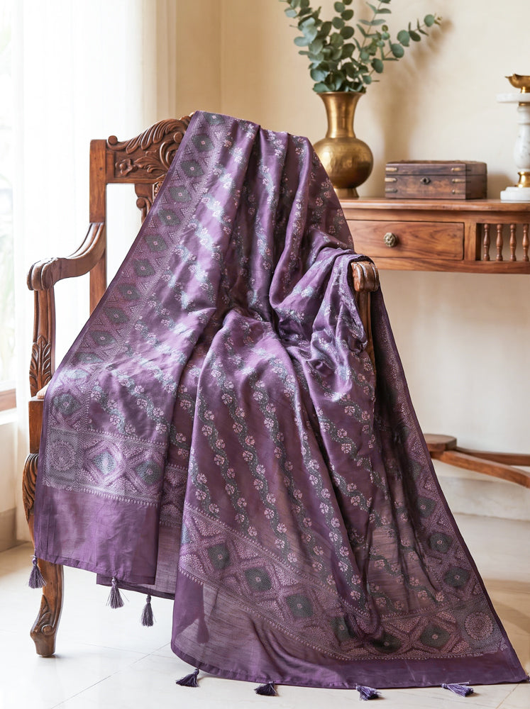 Banarasee Semi-Silk Resham Weaving Salwar Kameez Fabric With Dupatta Set-Purple