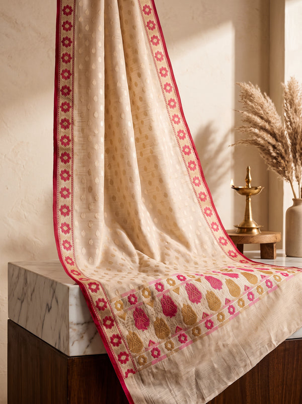 Banarasee Cotton Resham Work Salwar Kameez Fabric With Dupatta Set-Beige