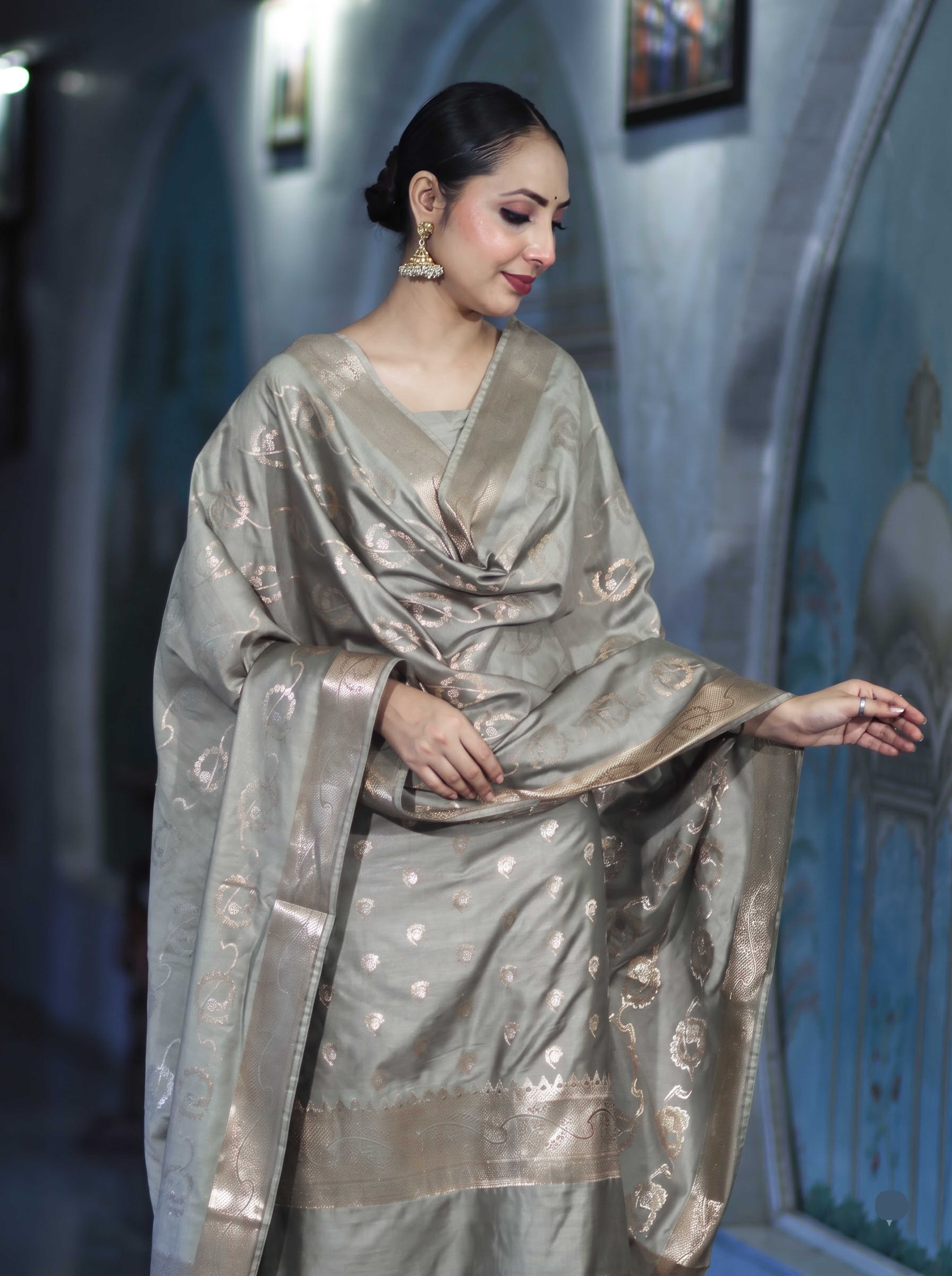 Banarasee Zari Embroidered Chanderi Silk Salwar Kameez With Dupatta Set-Grey