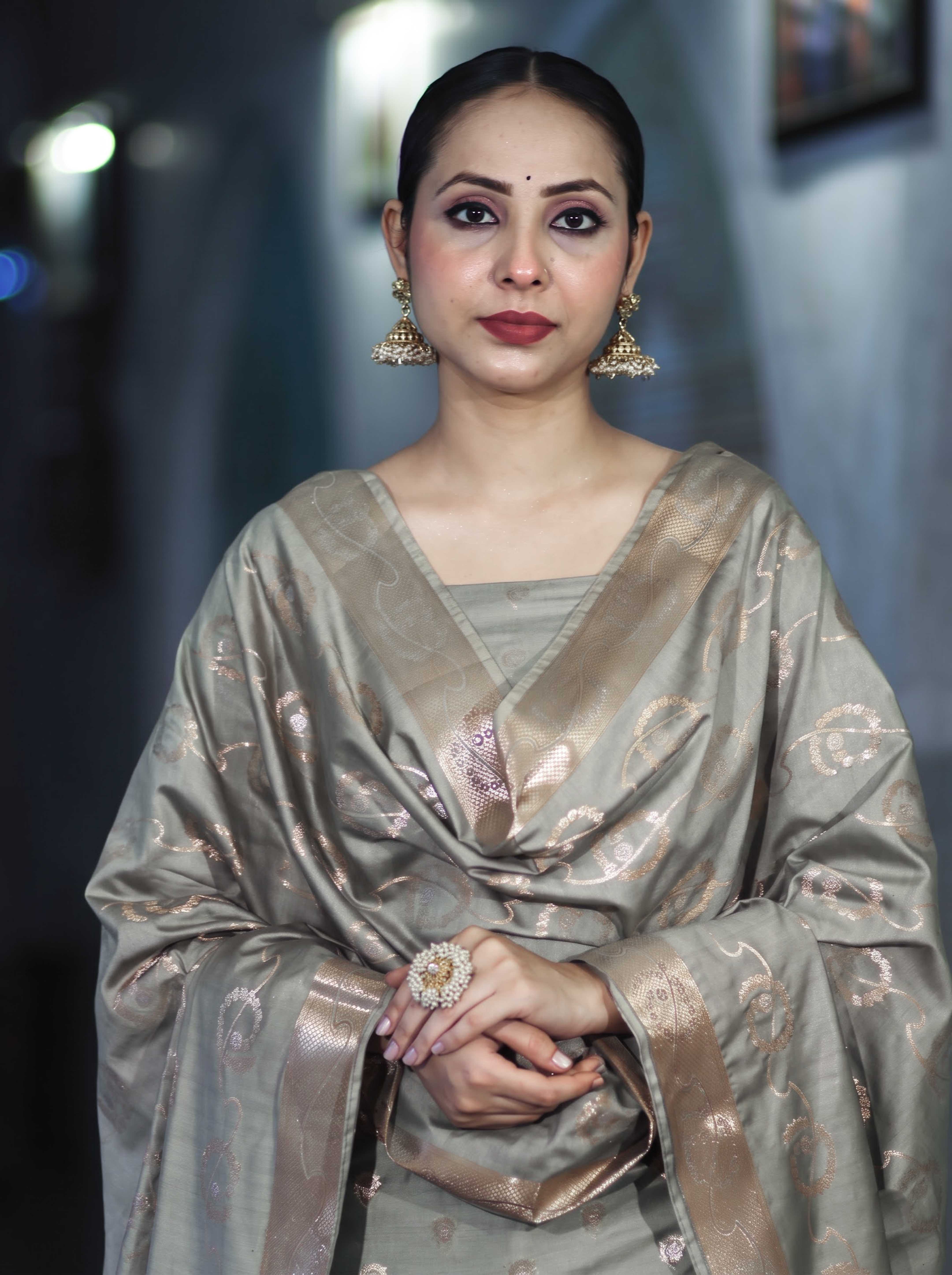 Banarasee Zari Embroidered Chanderi Silk Salwar Kameez With Dupatta Set-Grey