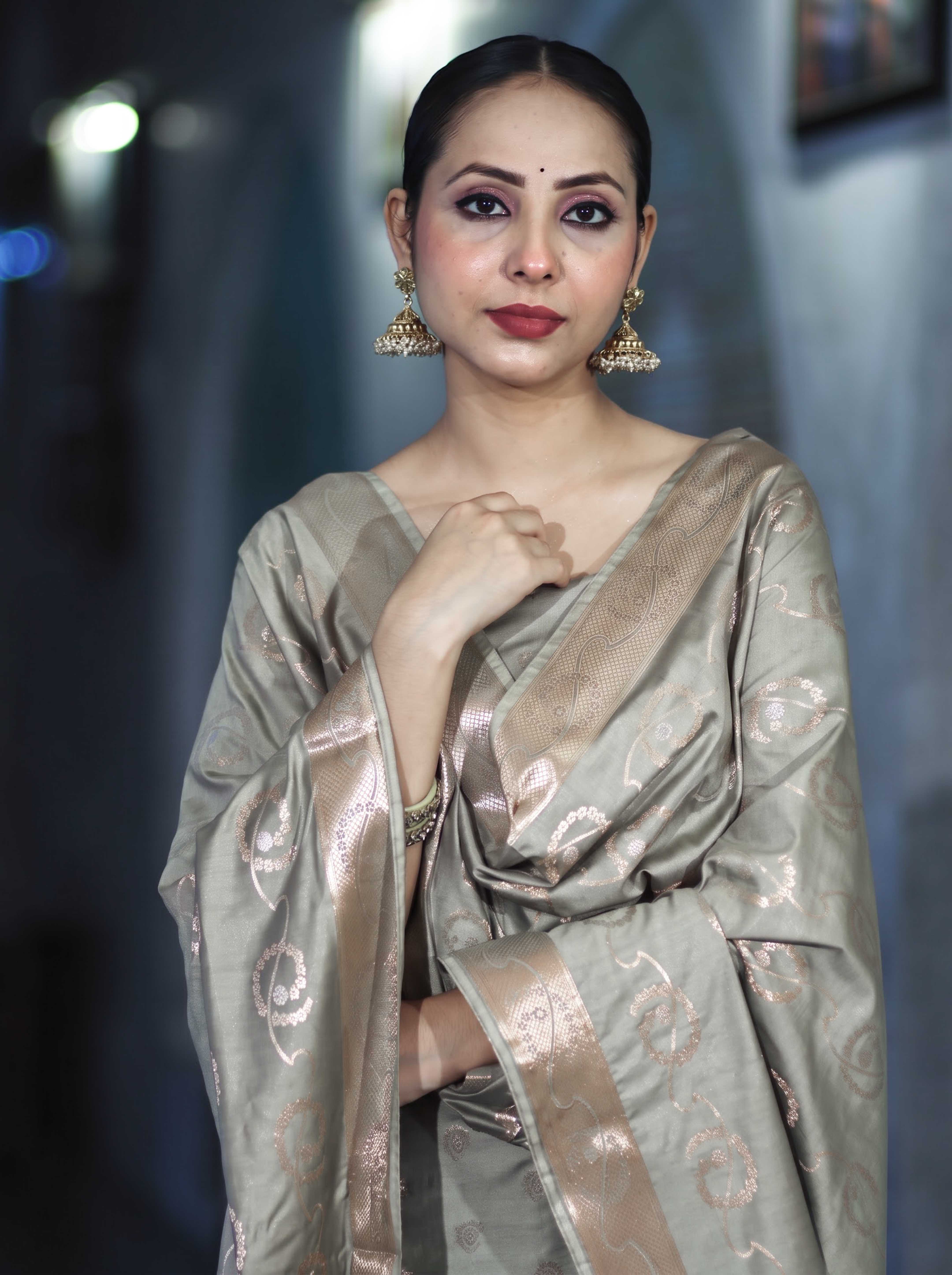 Banarasee Zari Embroidered Chanderi Silk Salwar Kameez With Dupatta Set-Grey