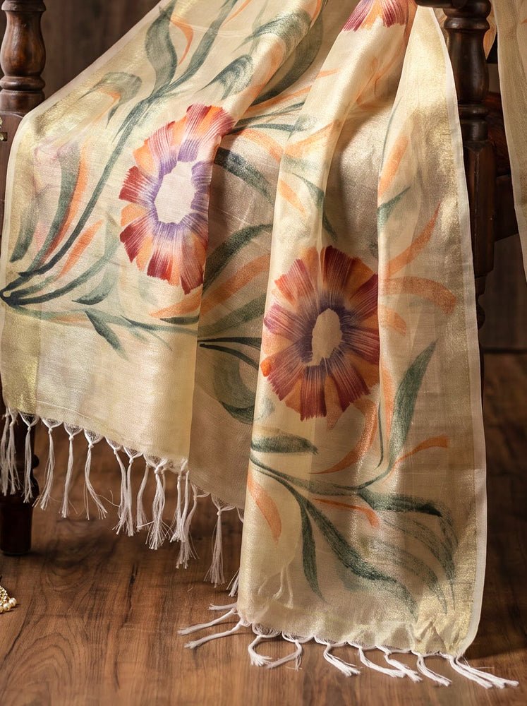 Banarasee Handloom Hand Painted Tissue Dupatta-Gold