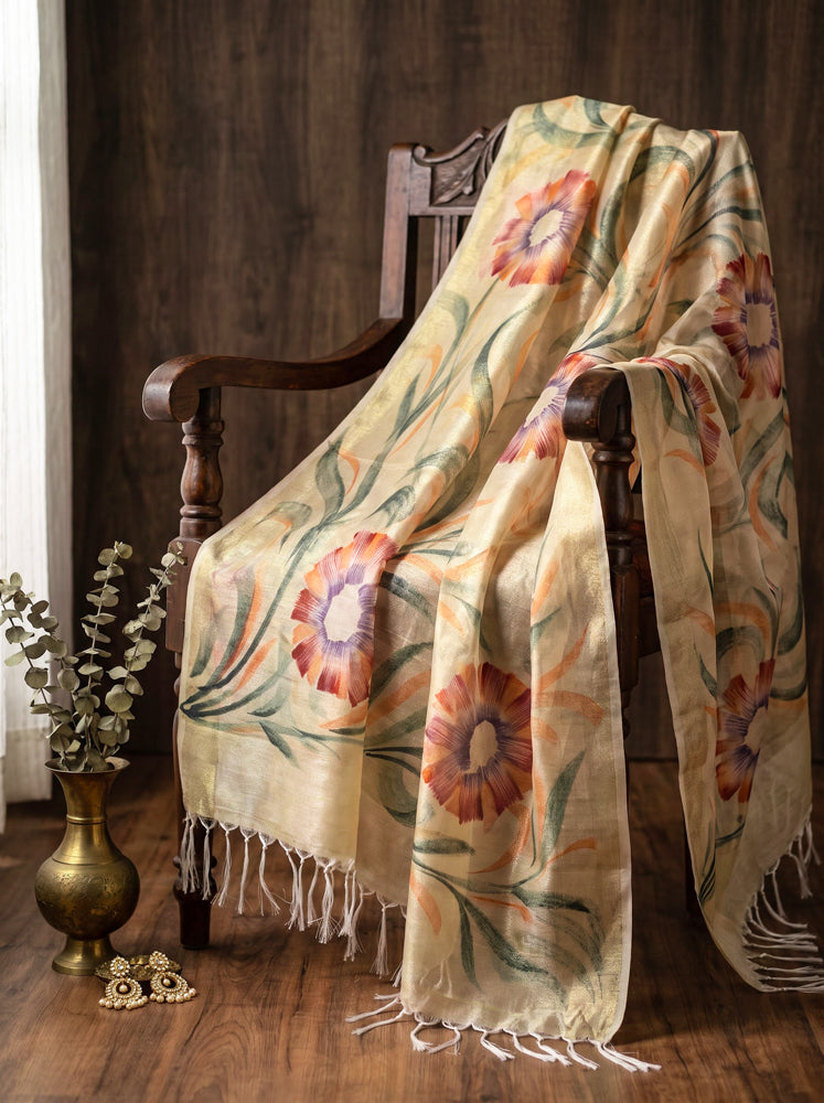 Banarasee Handloom Hand Painted Tissue Dupatta-Gold
