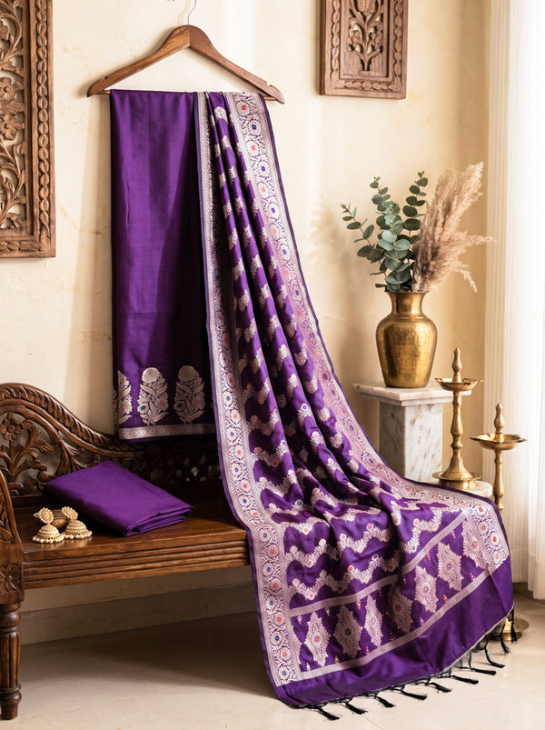 Banarasee Semi Katan Zari Work Salwar Kameez Fabric With Dupatta Set-Purple