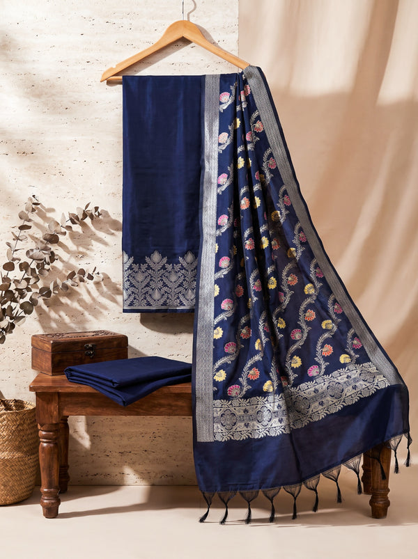 Banarasee Semi Katan Zari Work Salwar Kameez Fabric With Dupatta Set-Navy Blue