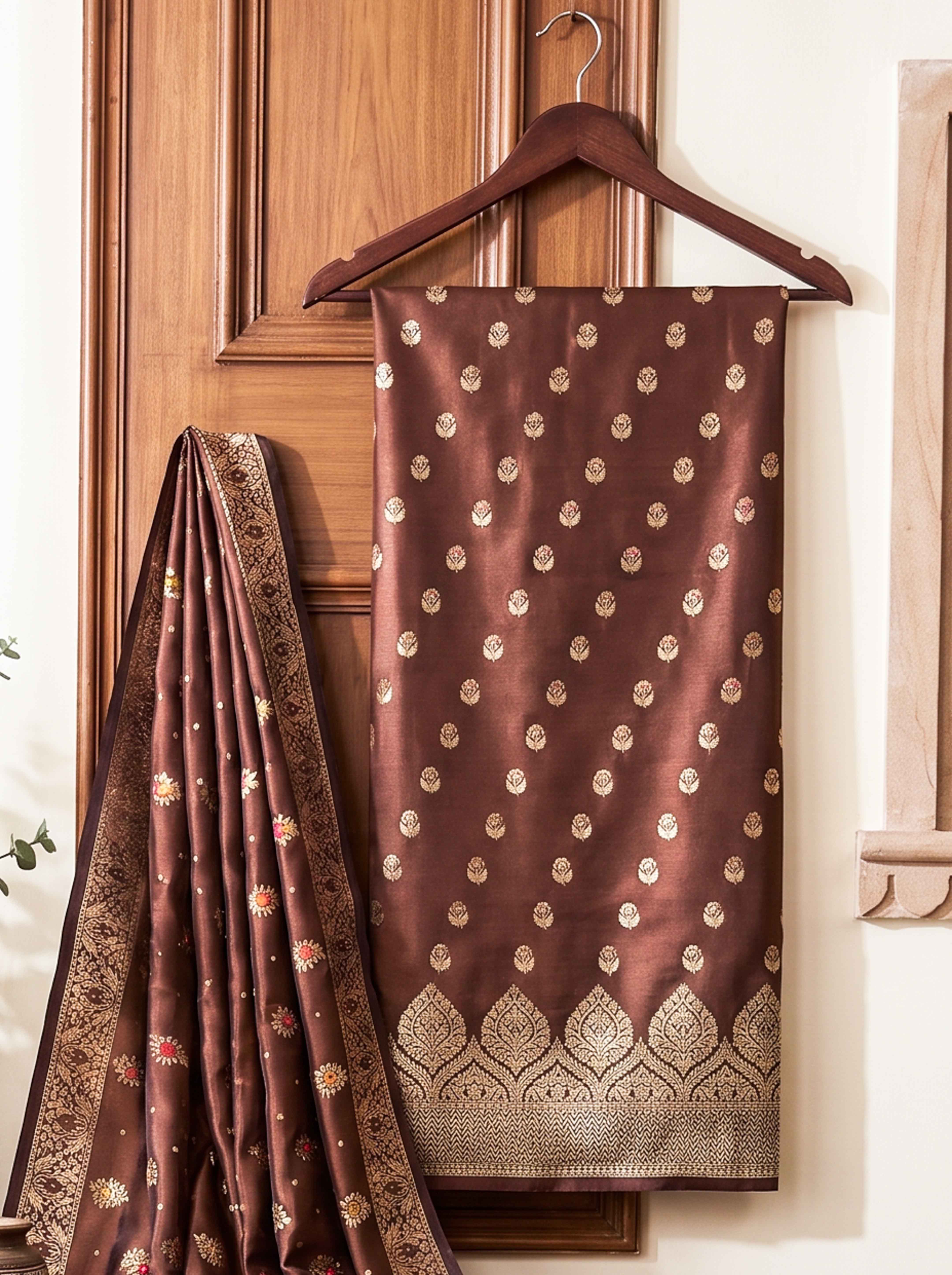 Banarasee Semi Katan Zari Work Salwar Kameez Fabric With Dupatta Set-Brown