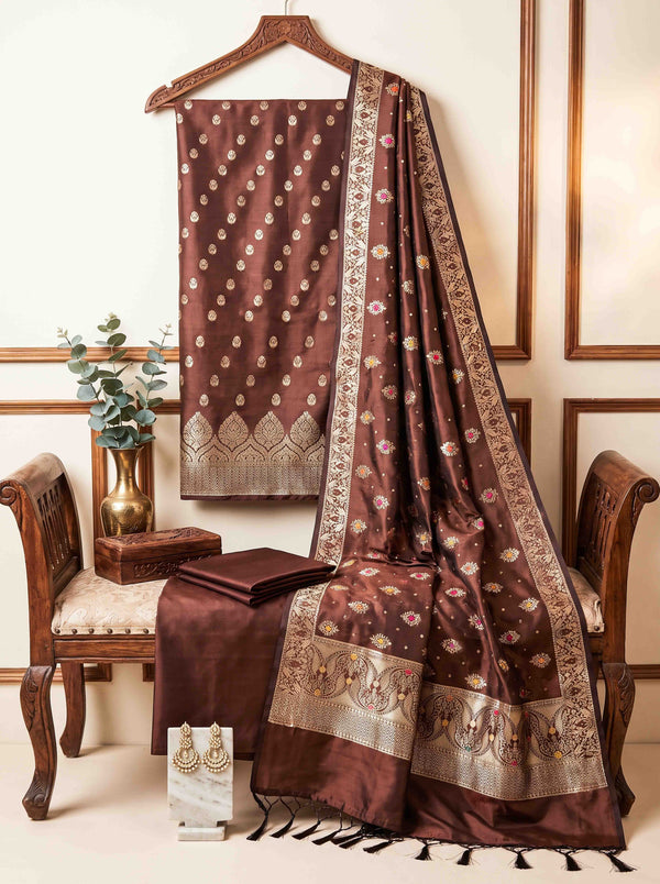 Banarasee Semi Katan Zari Work Salwar Kameez Fabric With Dupatta Set-Brown