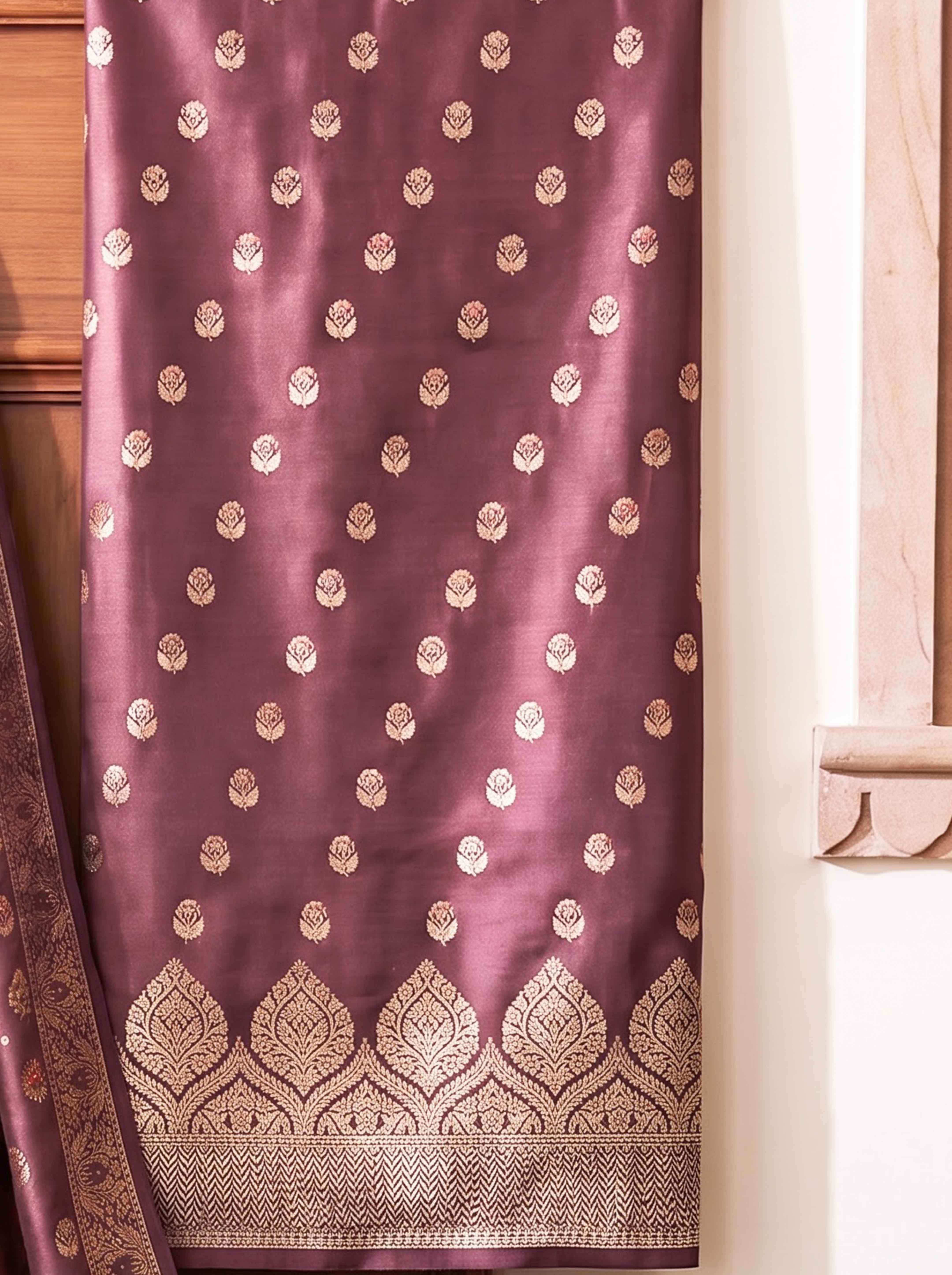 Banarasee Semi Katan Zari Work Salwar Kameez Fabric With Dupatta Set-Mauve