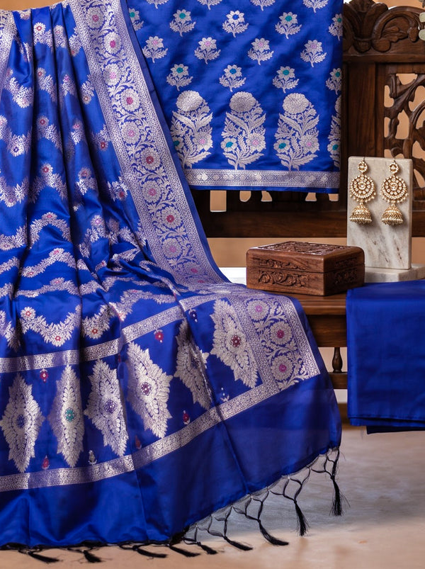 Banarasee Semi Katan Zari Work Salwar Kameez Fabric With Dupatta Set-Navy Blue