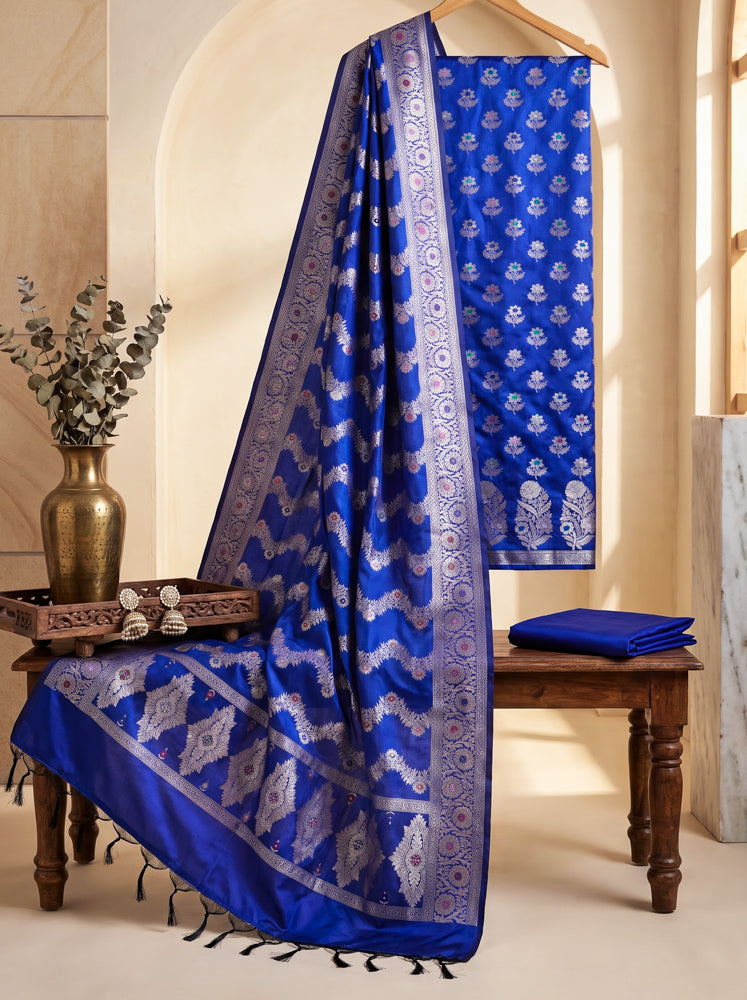 Banarasee Semi Katan Zari Work Salwar Kameez Fabric With Dupatta Set-Navy Blue